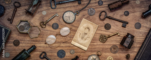 Konstfotografi A collection of antique antiques is spread out on the table