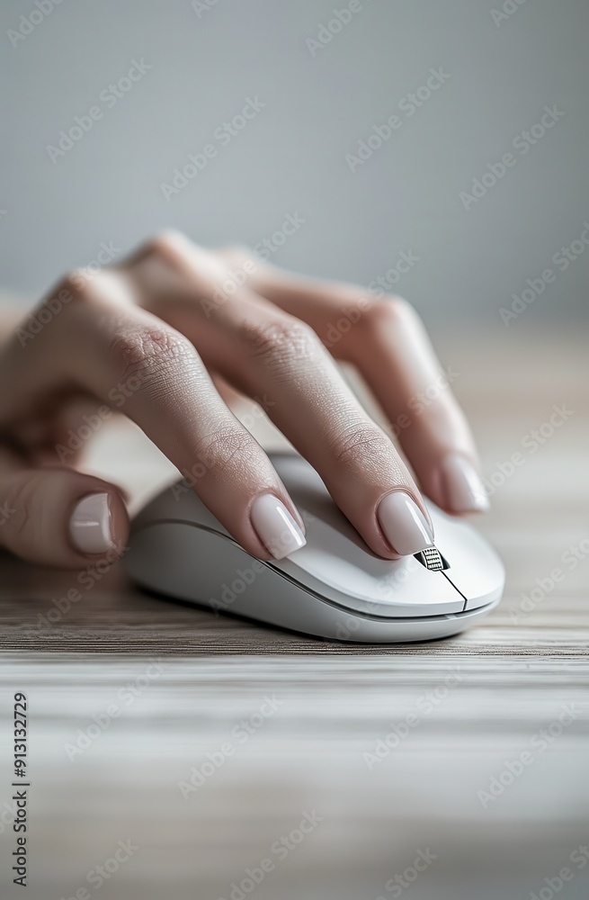 hand with white skin and well-groomed nails, holding an elegant computer mouse on a light wooden desk hand with white skin and well-groomed nails, holding an elegant computer mouse on a light wooden desk