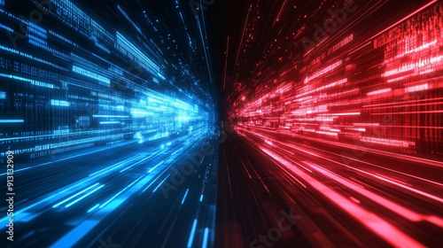 Technology background with two paths running in parallel, red and blue color scheme.