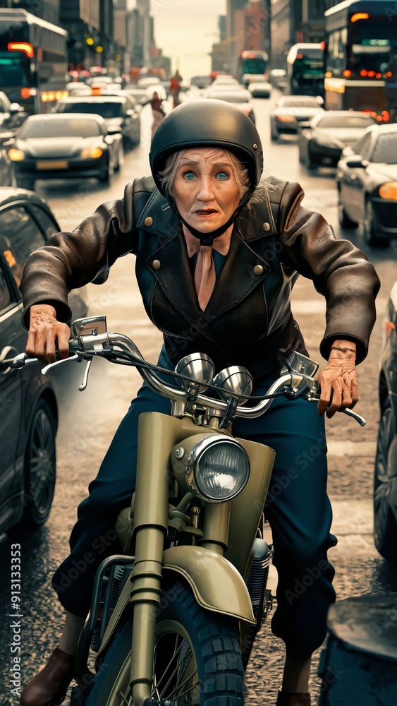 Elderly Woman With a Fearful Look Faces on Her Motorbike_3 Generative AI Elderly Woman With a Fearful Look Faces on Her Motorbike_3 Generative AI