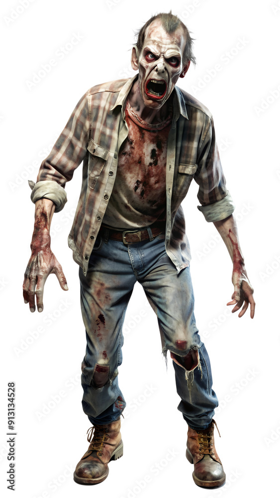 Fototapeta premium Decaying zombie with torn clothes, cut out transparent