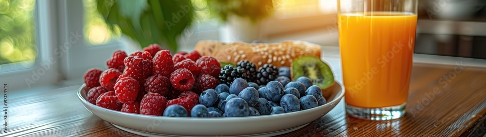 A vibrant and cheerful breakfast scene with a bowl of fresh fruit, a glass of orange juice, and a sandwich on a plate, all set on a kitchen counter with natural light streaming in A vibrant and cheerful breakfast scene with a bowl of fresh fruit, a glass of orange juice, and a sandwich on a plate, all set on a kitchen counter with natural light streaming in