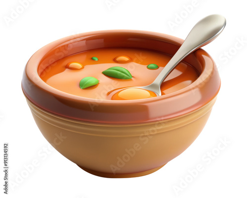 3D illustration of a bowl of tomato soup garnished with basil leaves and served with a spoon. The soup appears vibrant and appetizing. Isolated on transparent background, png.