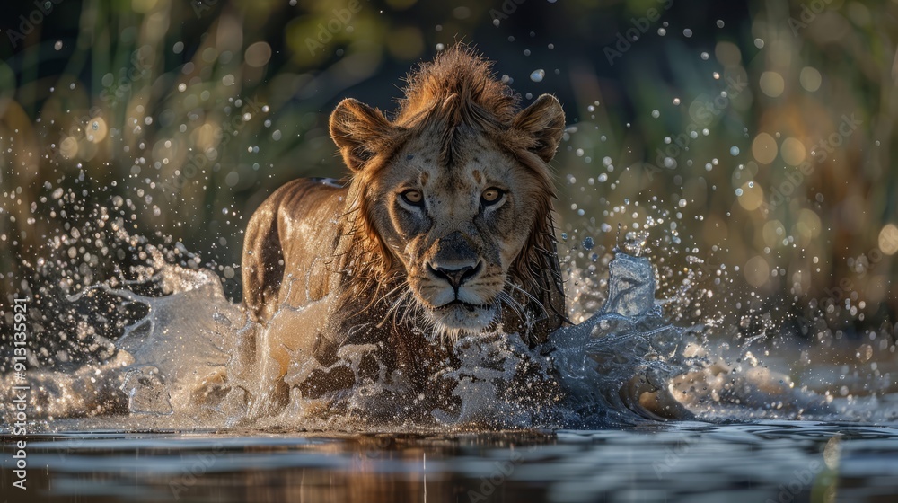 A tight shot of a lion's head, slightly emerged, above the water's surface A tight shot of a lion's head, slightly emerged, above the water's surface