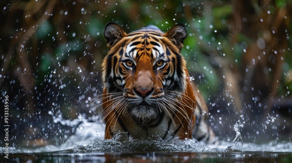 A tight shot of a tiger submerged in water, its face adorned with numerous water droplets A tight shot of a tiger submerged in water, its face adorned with numerous water droplets