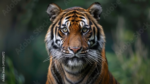  A tight shot of a tiger's face, background blurred with trees and bushes