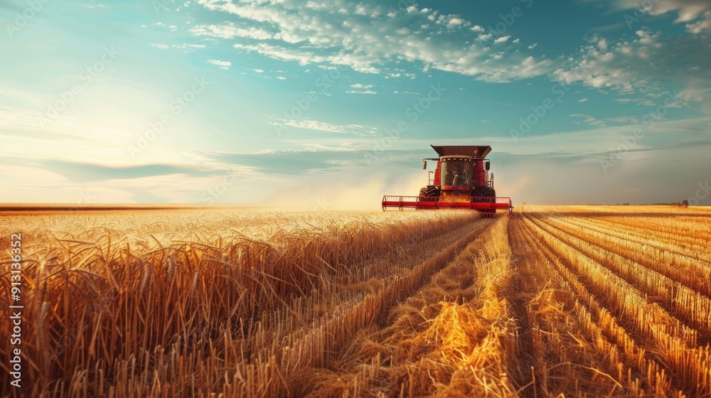 Fototapeta premium A combine harvester in action, cutting and gathering ripe wheat in a vast field.