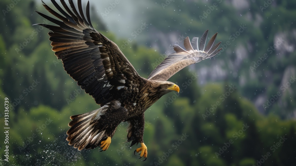 A bald eagle soaring through the air, wings expansive, back unfeathered A bald eagle soaring through the air, wings expansive, back unfeathered