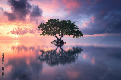 Hermoso paisaje de atardecer en un manglar con arbol reflejado en el agua y las raices a la vista, sobre fondo de cielo rosado con nubes photo