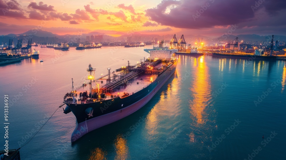 A large oil tanker anchored in a harbor at sunset, with the sun setting in the background casting a warm glow over the scene. A large oil tanker anchored in a harbor at sunset, with the sun setting in the background casting a warm glow over the scene.