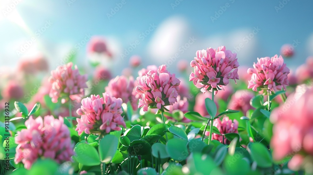 Obraz premium A pink field with green foliage in the foreground and a blue cloudy sky in the background