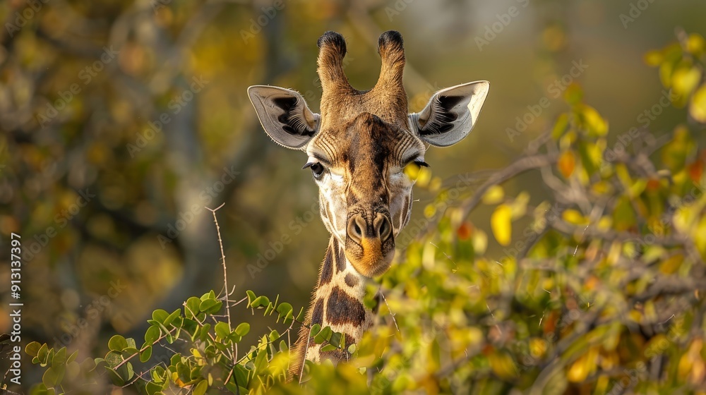 A tight shot of a giraffe's face against a backdrop of trees, with bushy foliage in the foreground A tight shot of a giraffe's face against a backdrop of trees, with bushy foliage in the foreground