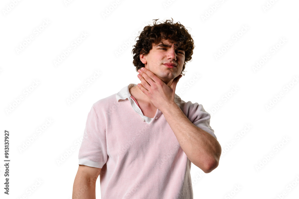 Peritonsillar abscess illness of young man with difficulties of talking, swallowing and breathing. Suffering from sharp pain in throat. Peritonsillar abscess illness of young man with difficulties of talking, swallowing and breathing. Suffering from sharp pain in throat.