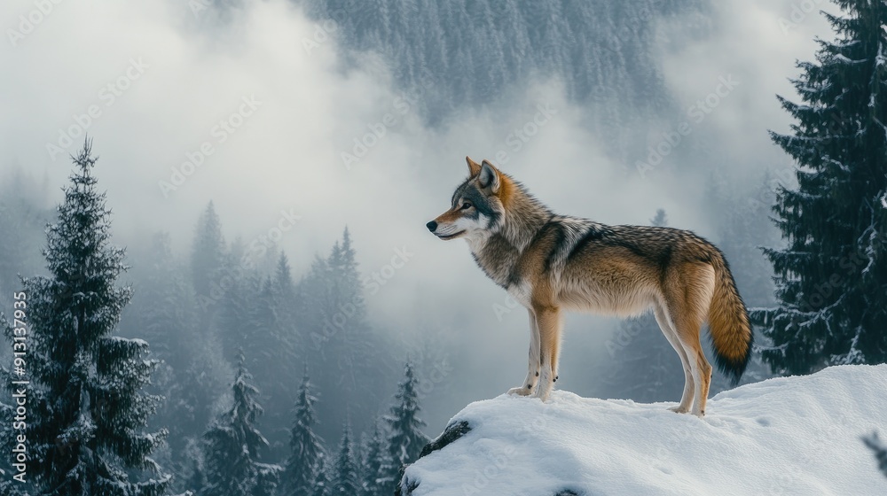 Obraz premium A lonely wolf standing on a snowy hill, with a forest of pine trees below.