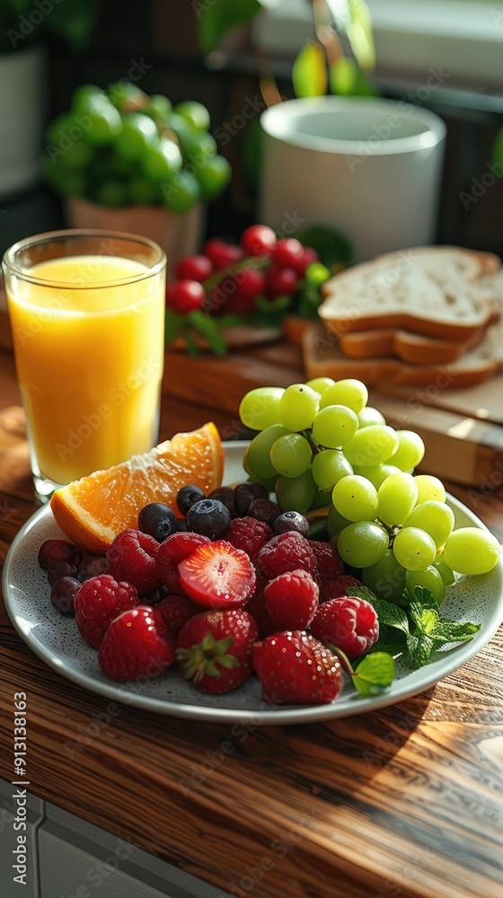 A vibrant and cheerful breakfast scene with a bowl of fresh fruit, a glass of orange juice, and a sandwich on a plate, all set on a kitchen counter with natural light streaming in A vibrant and cheerful breakfast scene with a bowl of fresh fruit, a glass of orange juice, and a sandwich on a plate, all set on a kitchen counter with natural light streaming in