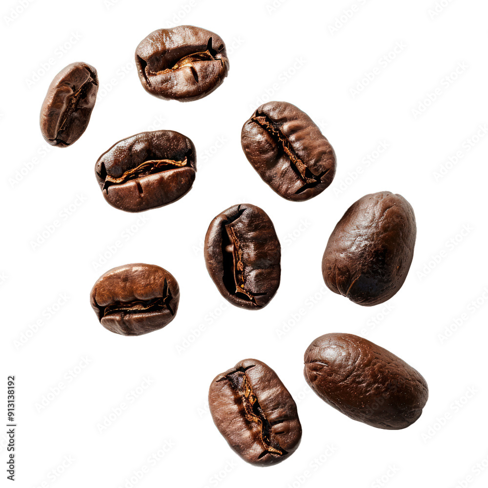 Roasted coffee beans falling against a white background Roasted coffee beans falling against a white background