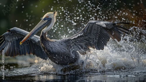  A large bird, holding a fish in its beak, is immersed in the water with its wide-spread wings photo