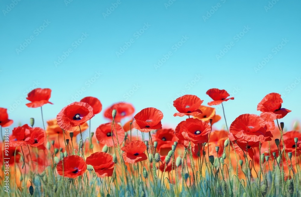 Obraz premium field of vibrant red poppies under the clear blue sky