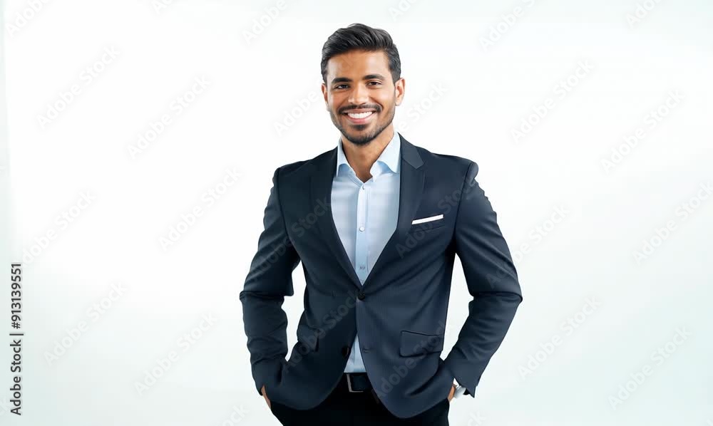 Portrait of a happy businessman standing with hands in pockets over white background Portrait of a happy businessman standing with hands in pockets over white background