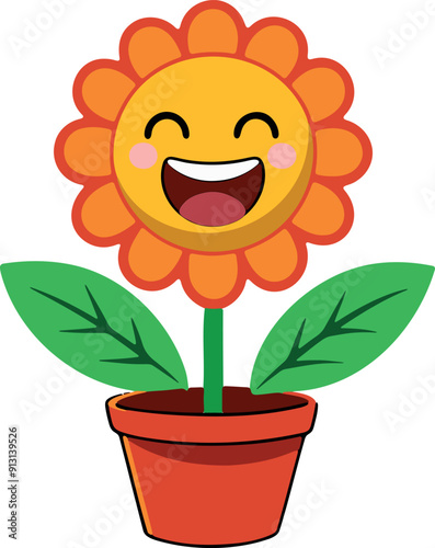 a brightly colored flower grows in a vase and smiles