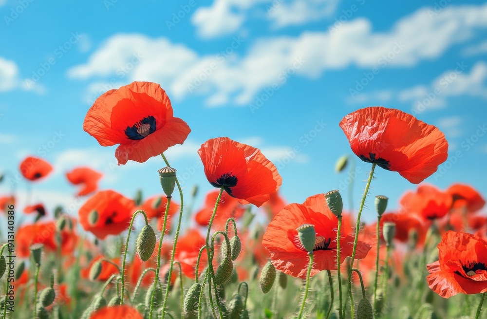 Obraz premium field of vibrant red poppies under the clear blue sky