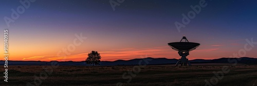 Silhouette of a radio telescope dish in a field at dusk