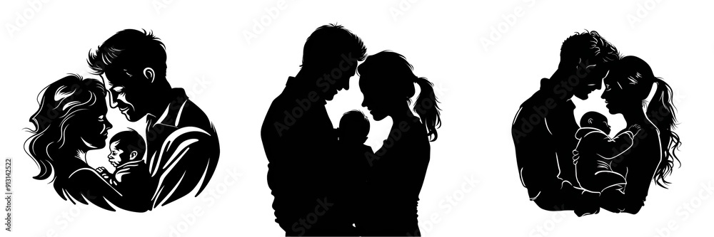 Set of Vector silhouette of a happy family, parents and newborn baby isolated on transparent background Set of Vector silhouette of a happy family, parents and newborn baby isolated on transparent background