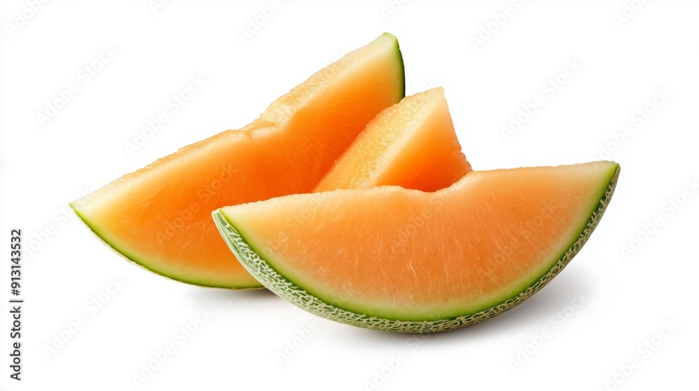Fresh melon slices with bright, juicy interiors on a white background. Fresh melon is tasty and visually appealing. Fresh melon slices with bright, juicy interiors on a white background. Fresh melon is tasty and visually appealing.