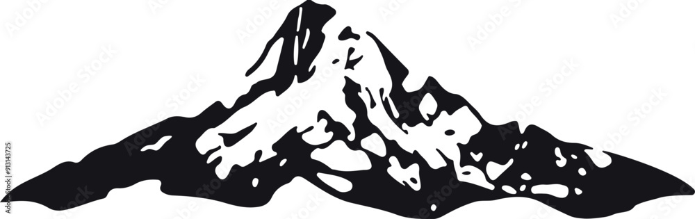 Mountain silhouette - vector icon. Rocky peaks. Mountain range. Black and white mountain icon. Mountain silhouette - vector icon. Rocky peaks. Mountain range. Black and white mountain icon.