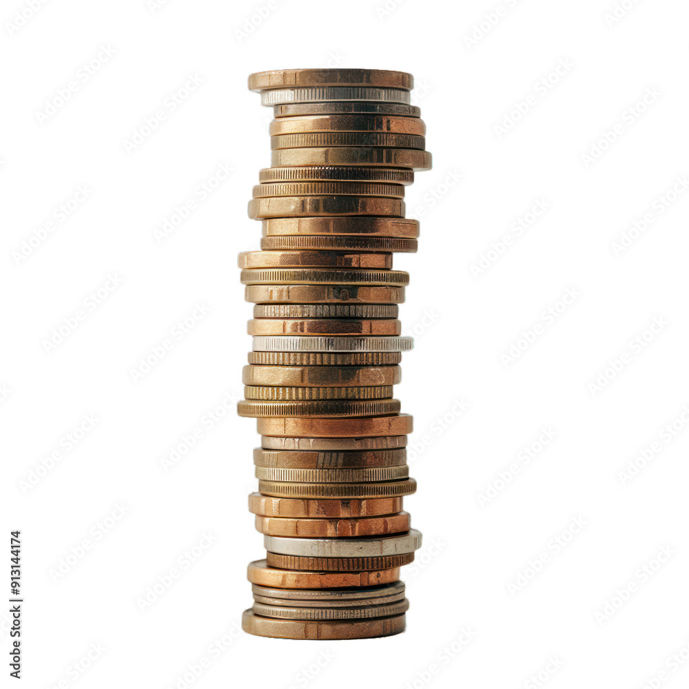 Tall stack of euro coins is standing on a white background, representing saving and financial growth Tall stack of euro coins is standing on a white background, representing saving and financial growth