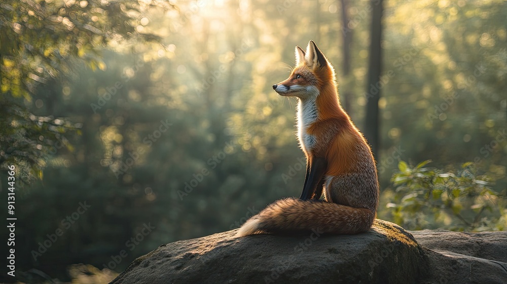 Fototapeta premium A solitary fox sitting on a rock in the forest, with trees and sunlight all around.