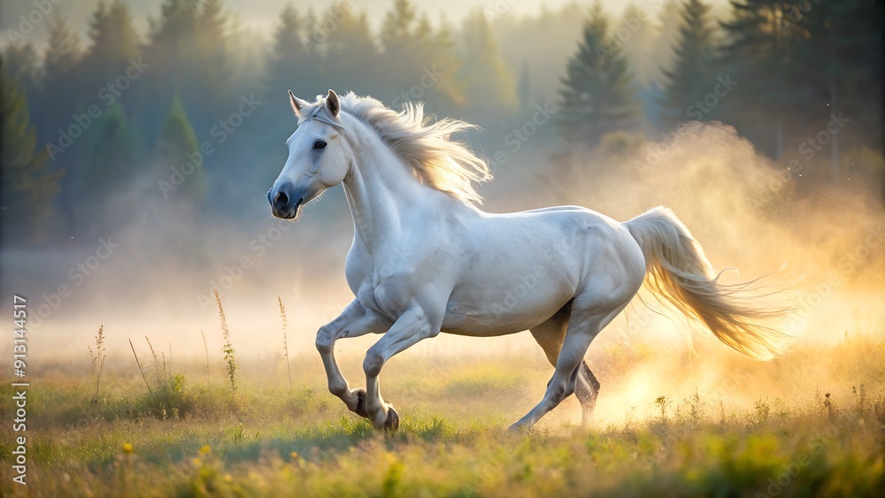 A white horse runs on the grass in a meadow in the morning fog during sunrise A white horse runs on the grass in a meadow in the morning fog during sunrise