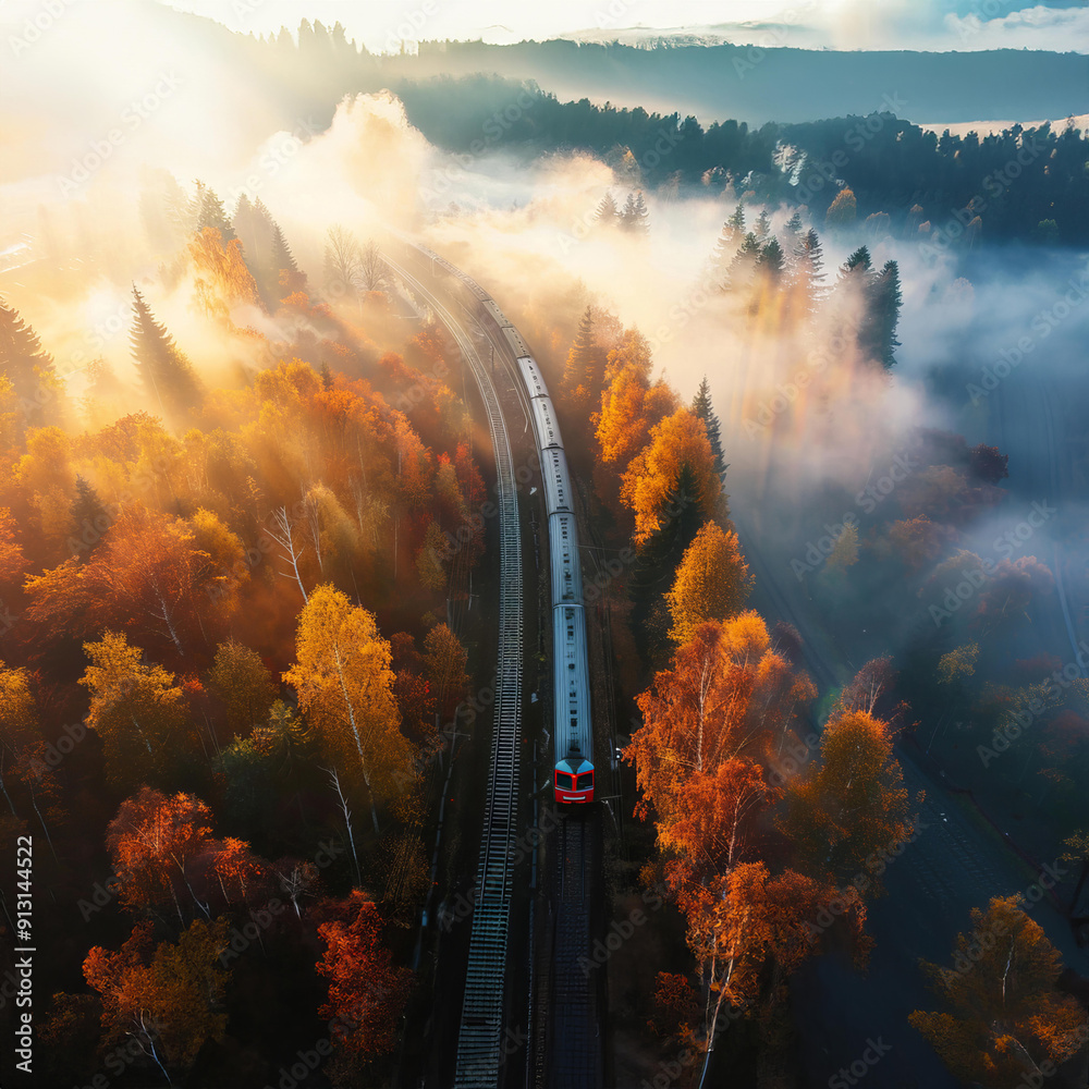 Fototapeta premium A train navigating through a thick forest, seen from above, depicting the serene relationship between railways and nature.