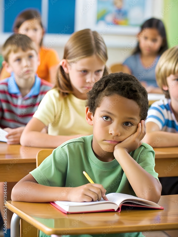 An inattentive boy with a gloomy expression in a classroom lesson at a desk An inattentive boy with a gloomy expression in a classroom lesson at a desk