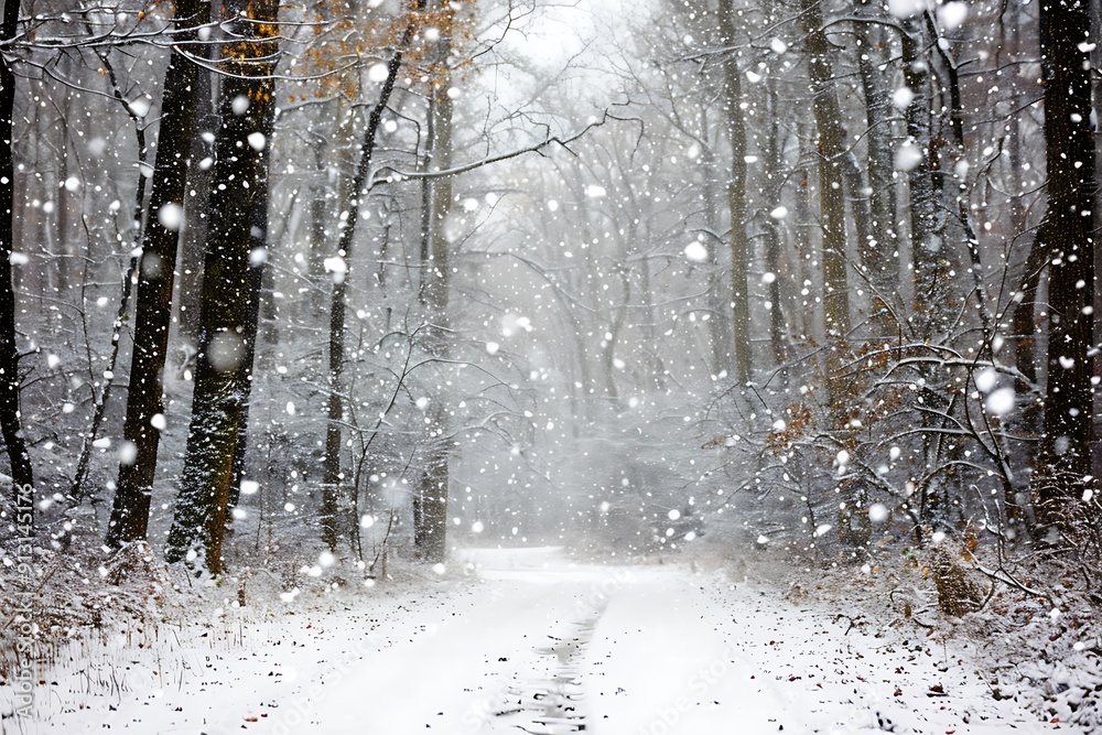 A gentle snowfall in a quiet forest, soft flakes falling onto the ground, creating a blanket of white, muffling sounds and creating a serene, peaceful winter scene A gentle snowfall in a quiet forest, soft flakes falling onto the ground, creating a blanket of white, muffling sounds and creating a serene, peaceful winter scene