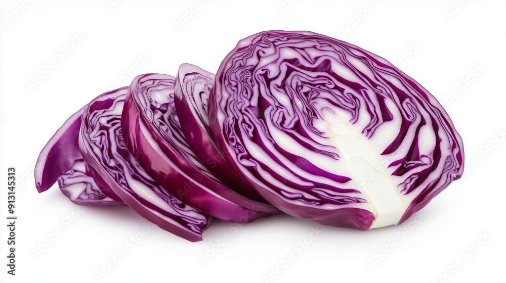 Sliced red cabbage with a crispy texture and white veins on a white background. Fresh cabbage with a deep purple color. Sliced red cabbage with a crispy texture and white veins on a white background. Fresh cabbage with a deep purple color.