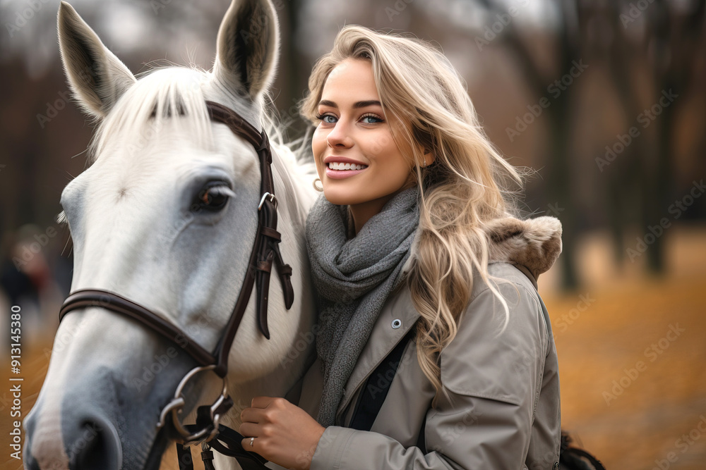 Obraz premium A young woman near a horse during a walk in an autumn park