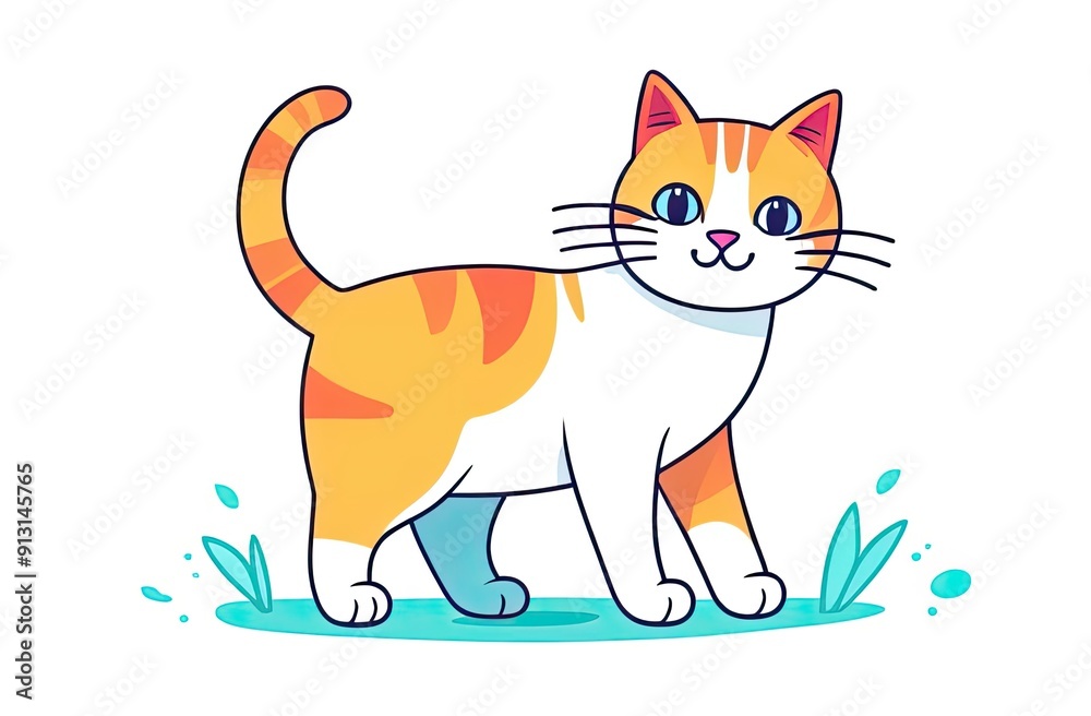 Obraz premium cartoon, cute, character, funny, illustration, anime, cat, pet, kitten, happy, animal, kitty, baby, adorable, design, kawaii, isolated, fun, orange, art, holiday, sticker, beautiful