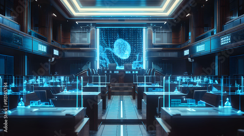 A futuristic courtroom with AI-assisted legal proceedings. photo