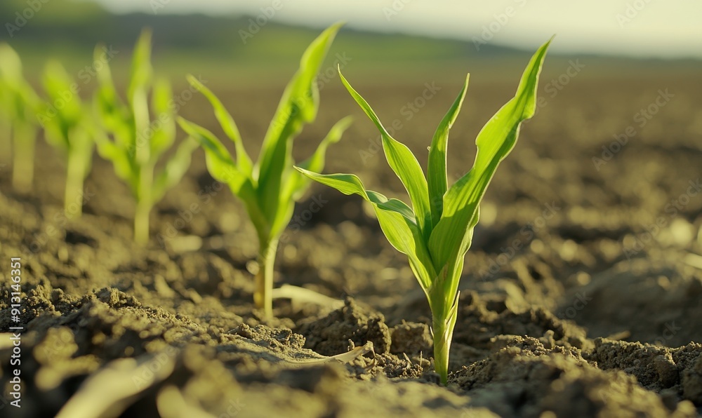 agricultural field with sparse green plants growing in the soil