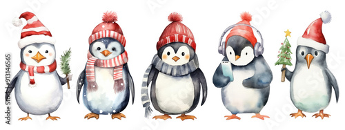 Penguin cartoon character watercolor png element set on transparent background