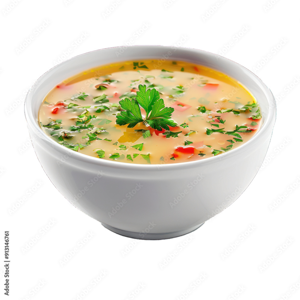 Steaming bowl of delicious soup is presented, featuring fresh parsley as a garnish Steaming bowl of delicious soup is presented, featuring fresh parsley as a garnish