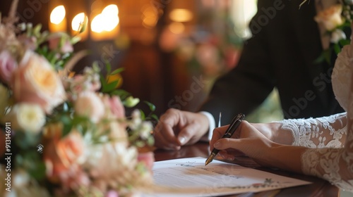 Bride signing wedding documents with a fountain pen.
