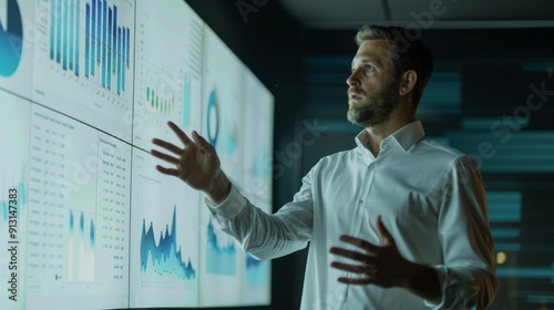 Businessman analyzing financial data on a large screen.