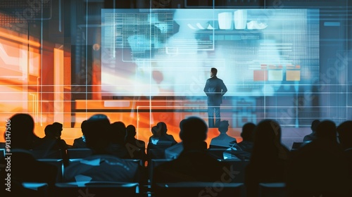 Businessman delivering a presentation to a crowd.