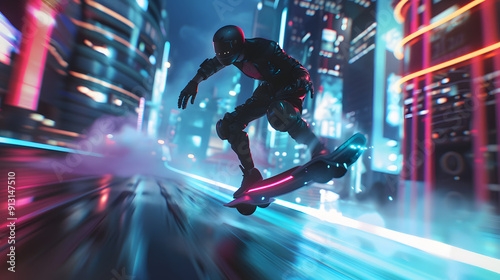 A futuristic racer on a neon-lit hoverboard speeding through a city.