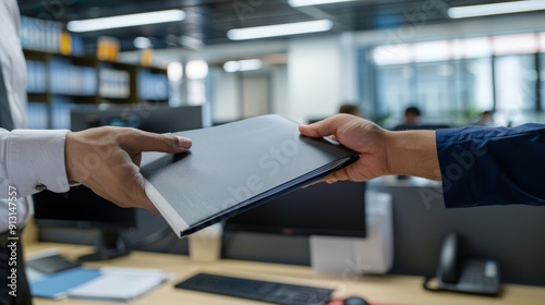 Businessman handing over a folder in an office.