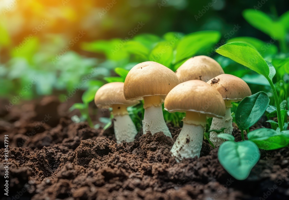 Mushrooms growing in the soil, a close-up of small mushrooms on a rich brown dirt background Mushrooms growing in the soil, a close-up of small mushrooms on a rich brown dirt background