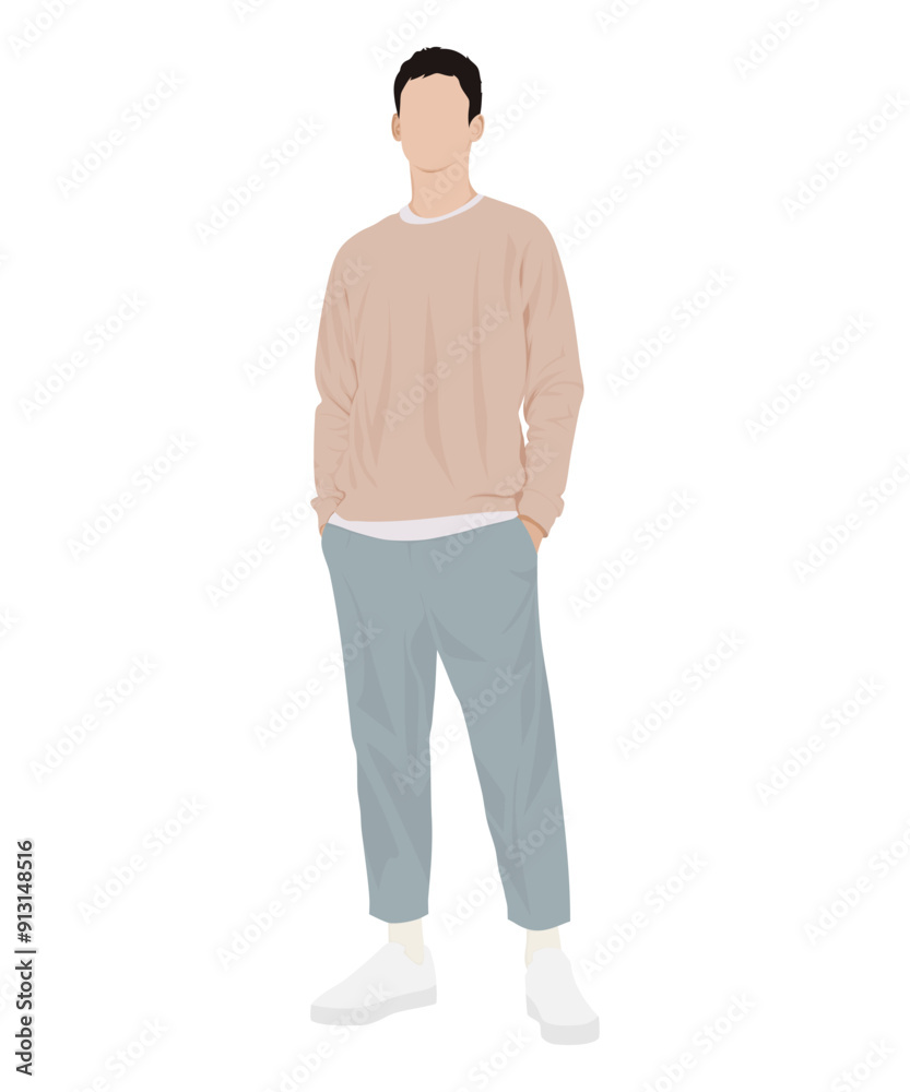 Vector illustration of a man in a light beige sweater and light gray pants. Cozy everyday look Vector illustration of a man in a light beige sweater and light gray pants. Cozy everyday look