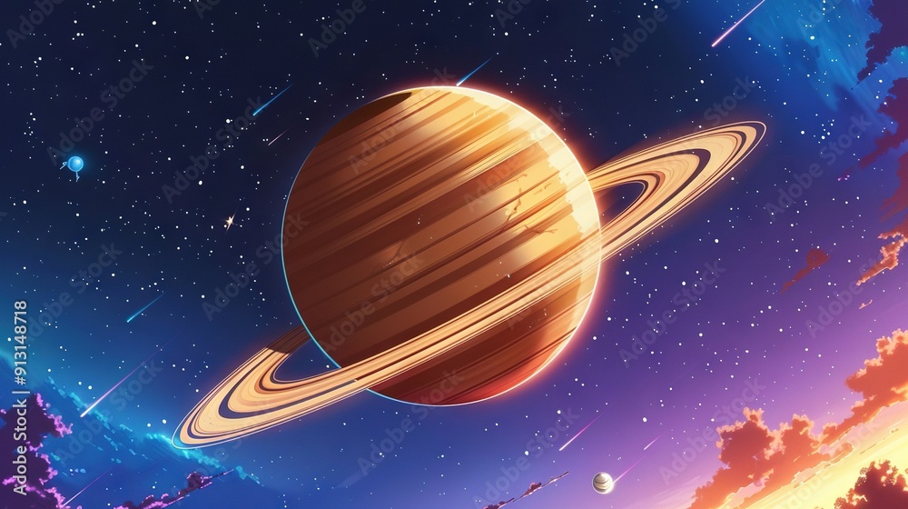 Naklejka premium An artist's depiction of a solar system featuring a prominent planet in the foreground and a backdrop of glistening stars